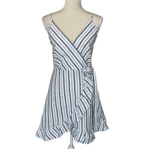 Altar’d State Linen Blend Wrap Dress Women’s Size M Striped Ruffle Detail Summer